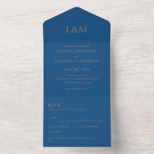 convite de casamento de Texto Dourado Azul Clássi