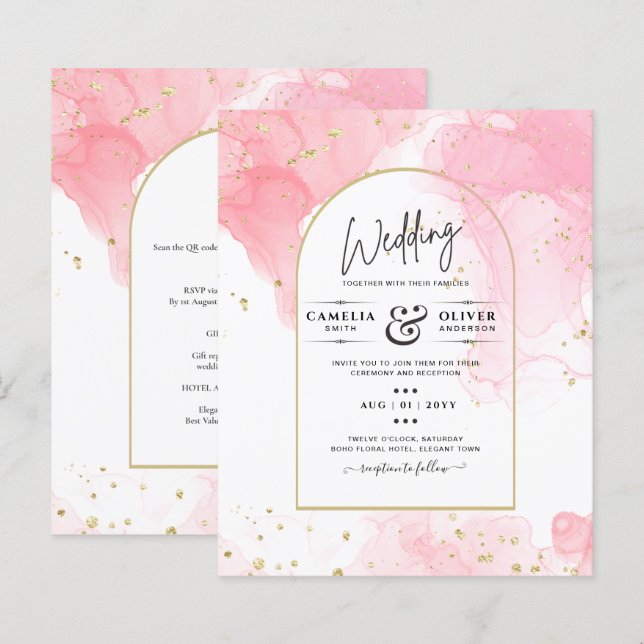 Convite de casamento de TINTA DOURADA LeahG PINK (Frente/Verso)