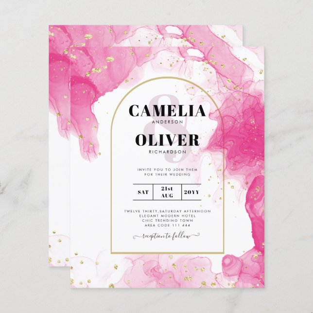 Convite de casamento de TINTA DOURADA LeahG PINK (Frente/Verso)