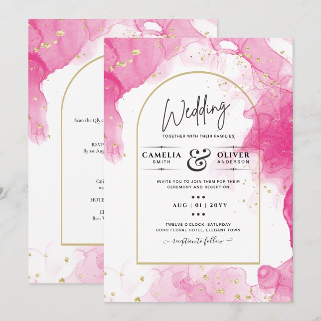 Convite de casamento de TINTA DOURADA LeahG PINK (Frente/Verso)