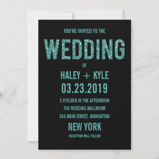 Convite de casamento de Tipografia Glitter Preto e