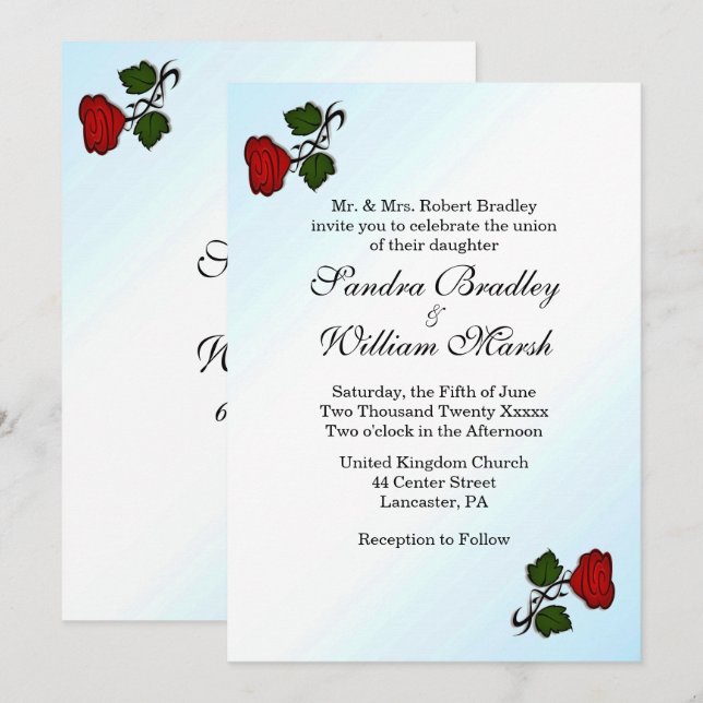 Convite de Casamento de Toque Azul da rosa vermelh (Frente/Verso)