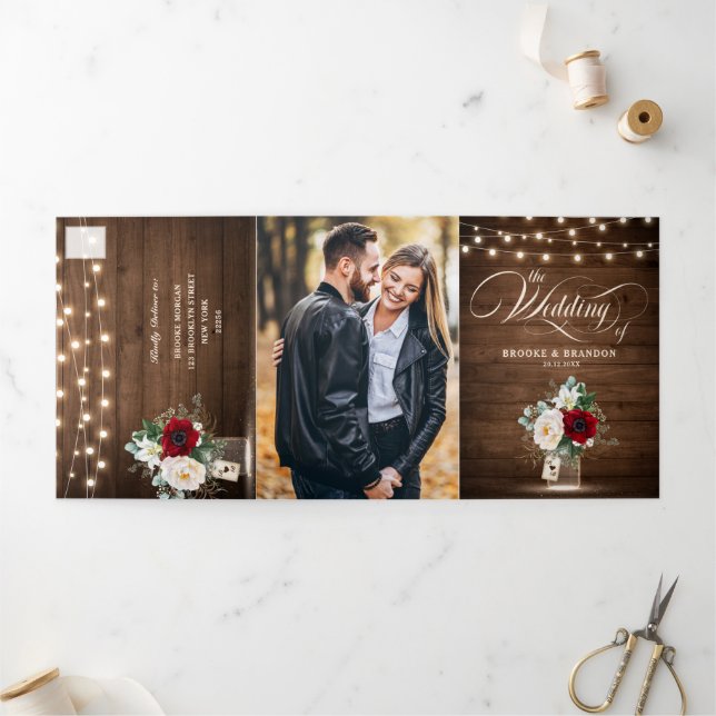 Convite De Casamento De Três Formas Florais Rustic (Fora)