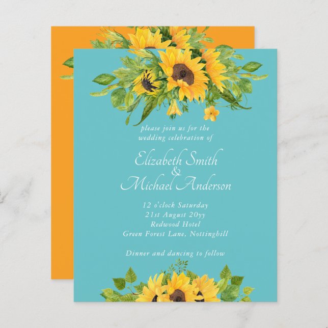 Convite de casamento de Turquesa de Girassóis do P (Frente/Verso)