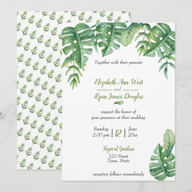 Convite de Casamento de Vegetação Botânica Tropica (Frente/Verso)