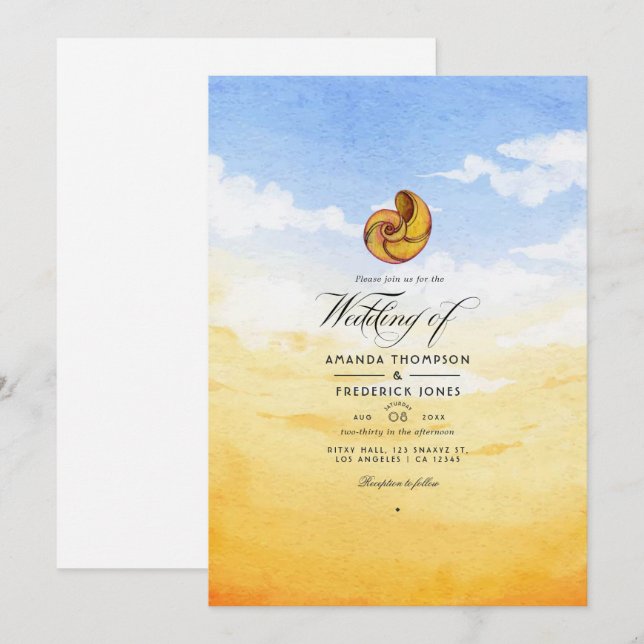 Convite de Casamento de Verão à Beira-Mar em Aquar (Frente/Verso)