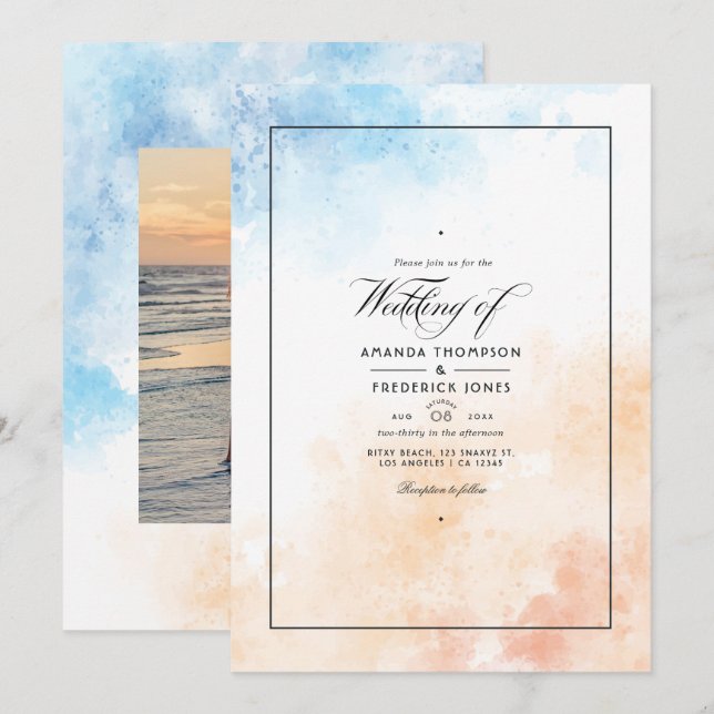 Convite de Casamento de Verão com Aquarela na Prai (Frente/Verso)
