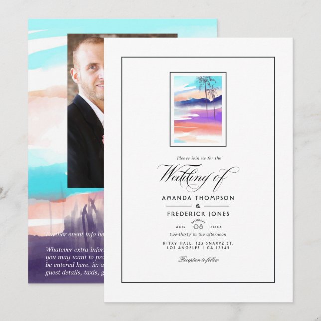 Convite de Casamento de Verão com Aquarela na Prai (Frente/Verso)