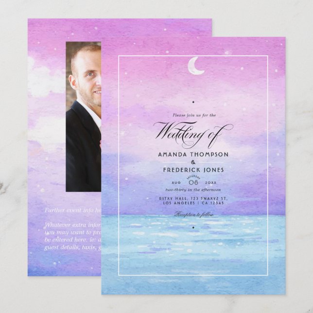 Convite de Casamento de Verão com Aquarela na Prai (Frente/Verso)