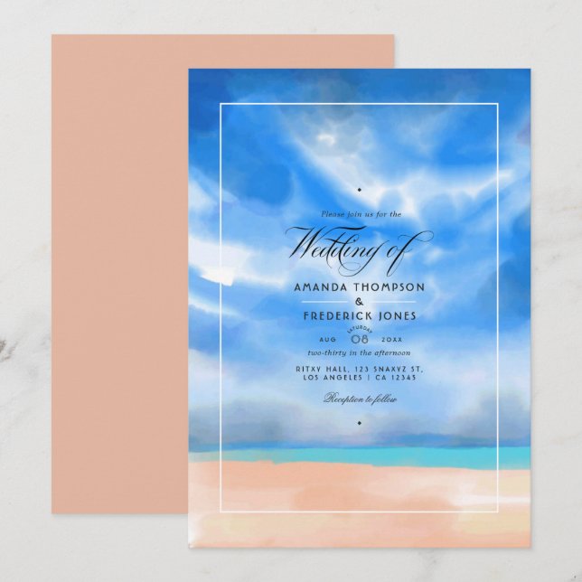 Convite de Casamento de Verão com Aquarela na Prai (Frente/Verso)