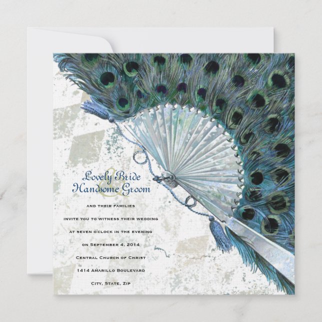 Convite De Casamento De Vintage Blue Peacock Fan (Frente)