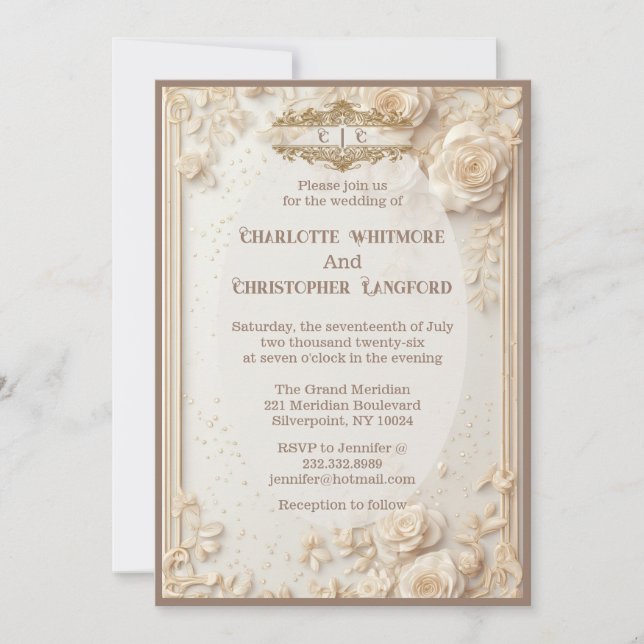 Convite de Casamento Decoração Floral Marfim Suave (Frente)