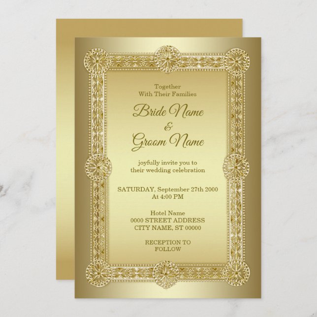 Convite de Casamento Decorativo Dourado (Frente/Verso)