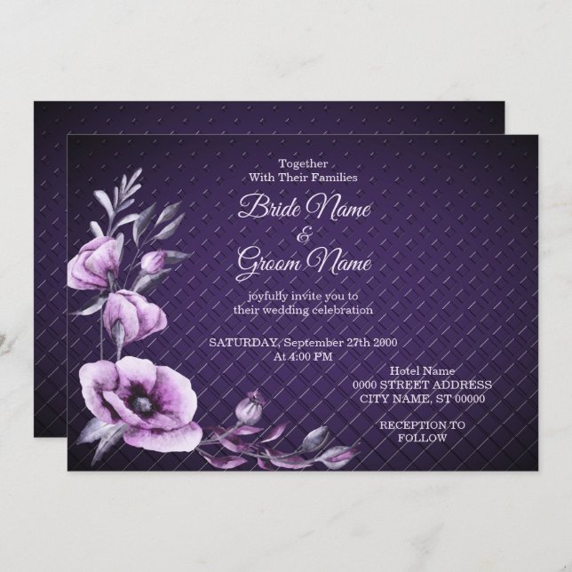 Convite de Casamento Decorativo Floral Roxo (Frente/Verso)