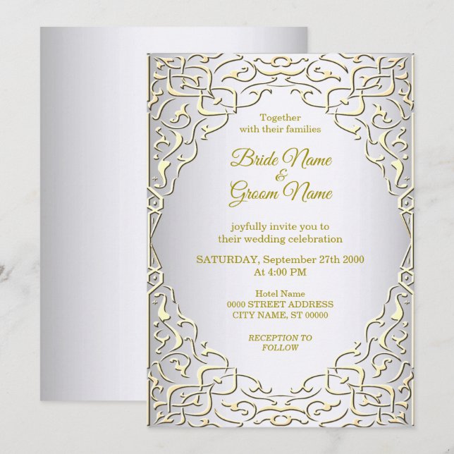 Convite de Casamento Decorativo Prata Dourado Eleg (Frente/Verso)