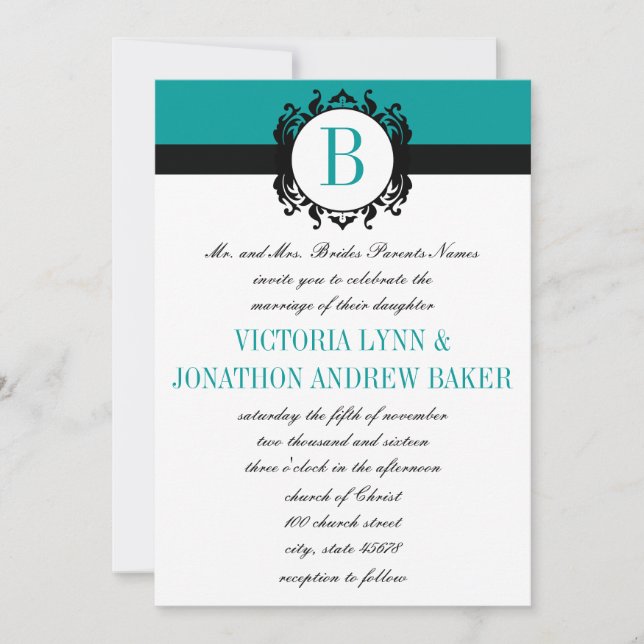 Convite de Casamento Deep Aqua Damask Monograma (Frente)