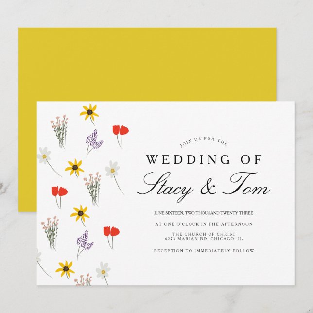 Convite de Casamento Desenhado à Mão com Flores Si (Frente/Verso)