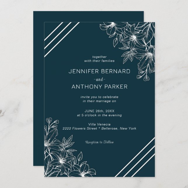 Convite de Casamento Desenhado à Mão com Lírios Br (Frente/Verso)