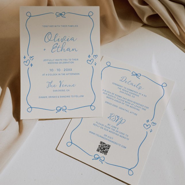 Convite de Casamento Desenhado à Mão em Azul Suave (Criador carregado)