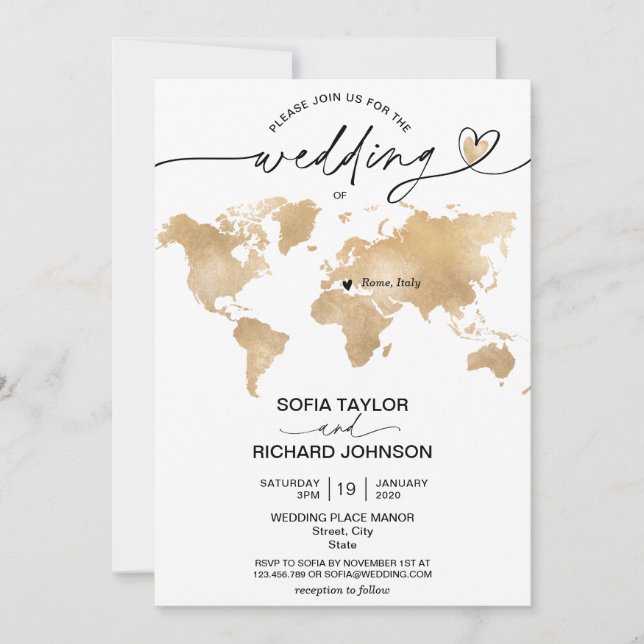 Convite de Casamento Destino Ouro Mapa Mundial Cor (Frente)