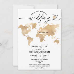 Convite de Casamento Destino Ouro Mapa Mundial Cor
