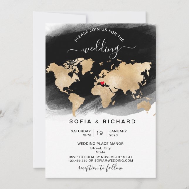 Convite de Casamento Destino Ouro Mapa Mundial Cor (Frente)