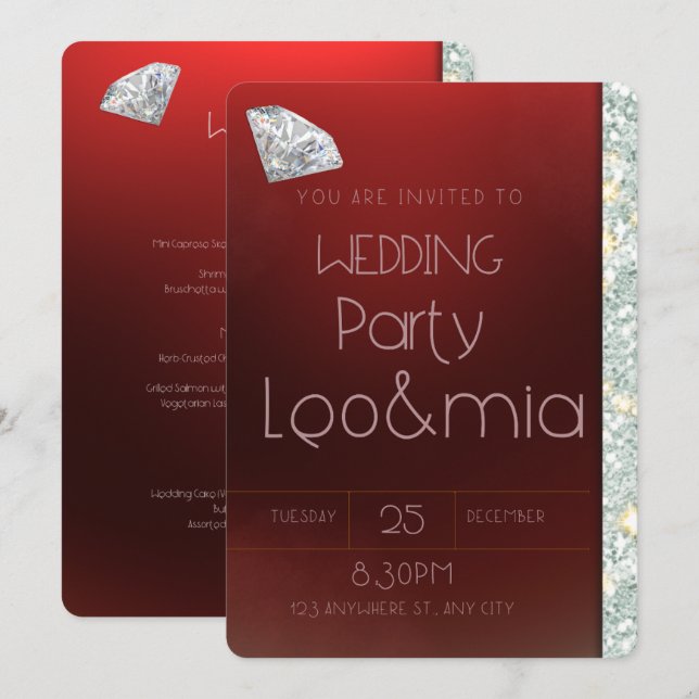 Convite de Casamento Diamante Vermelho Rubi (Frente/Verso)