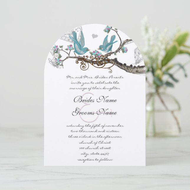 Convite de Casamento Die Cut Lovebird Aqua & Pink (Em pé/Frente)