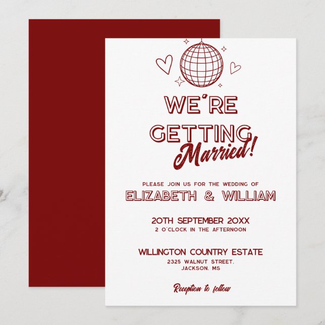 Convite de Casamento Disco Retro Vermelho Moderno  (Frente/Verso)