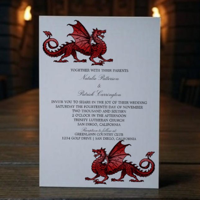 Convite de casamento do Dragão Medieval Vermelho (Red Medieval Dragon Wedding Invite)