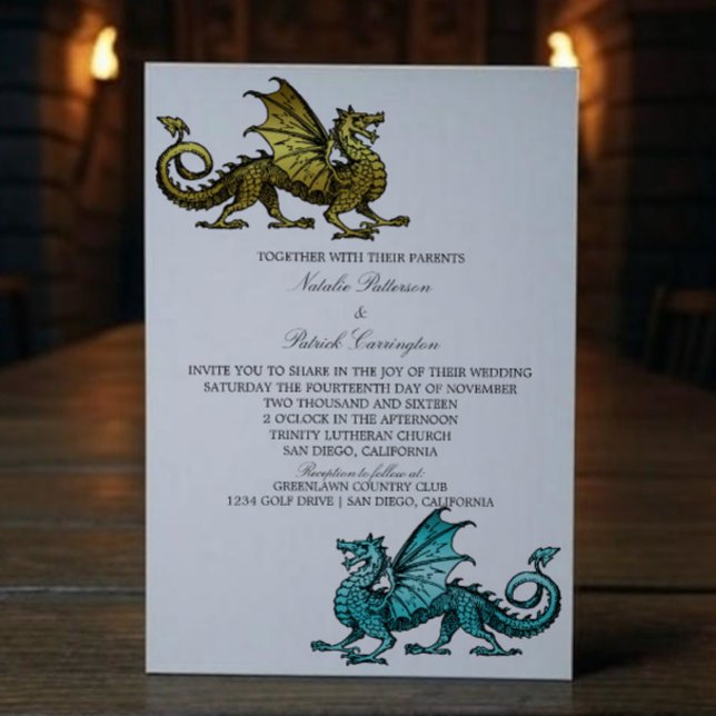 Convite de casamento do Dragão Teal Dourado (Gold Teal Medieval Dragon Wedding Invite)