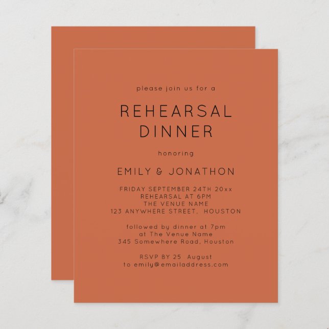 Convite de casamento do Janto de ensaio Terracotta (Frente/Verso)