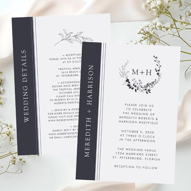 Convite de casamento do Monograma Branco e Preto (Budget Monogram Wreath Black and White All in One Details on Back Wedding Invitation)