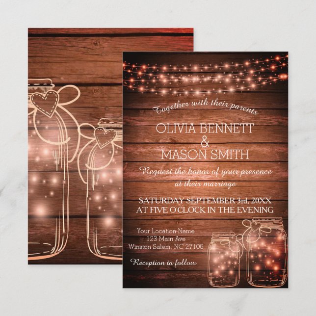 Convite De Casamento Do Rustic Mason Jar Lights (Frente/Verso)