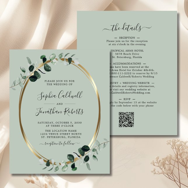 Convite de casamento do Sage do Código QR do Orçam (Budget Eucalyptus Gold Sage QR Code Double Sided All in One Wedding Invitation)