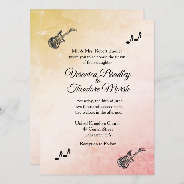 Convite De Casamento Do Tema Da Guitarra Coral Pea (Frente/Verso)