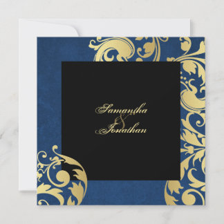 Convite de Casamento Dourado Azul Bonito Floral
