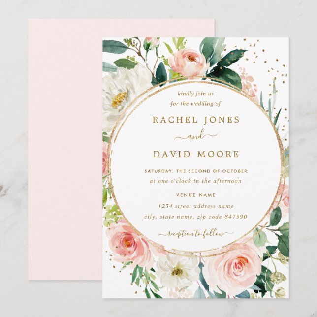 Convite de Casamento Dourado com Blush Geométrico  (Frente/Verso)