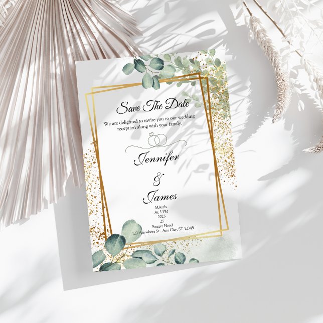 Convite de casamento dourado com folhagem de Eucal (Greenery wedding invitation)