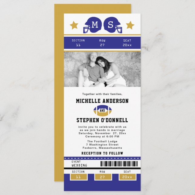 Convite de casamento Dourado de futebol roxo (Frente/Verso)