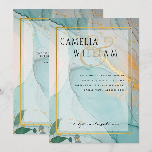 Convite de casamento Dourado de TINTA de Vidro Lea (Frente/Verso)