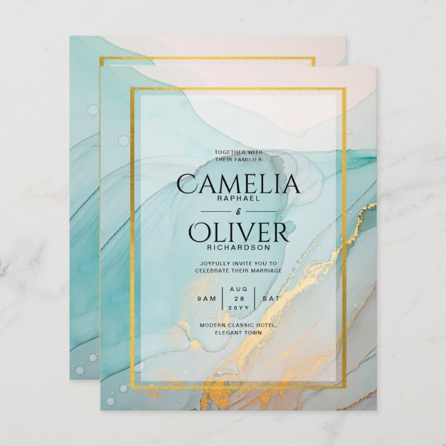 Convite de casamento Dourado de TINTA de Vidro Lea (Frente/Verso)