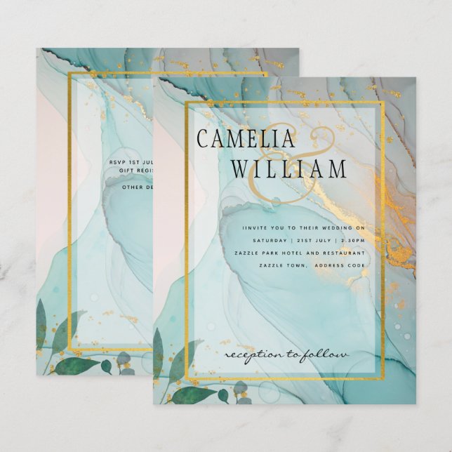 Convite de casamento Dourado de TINTA de Vidro Lea (Frente/Verso)