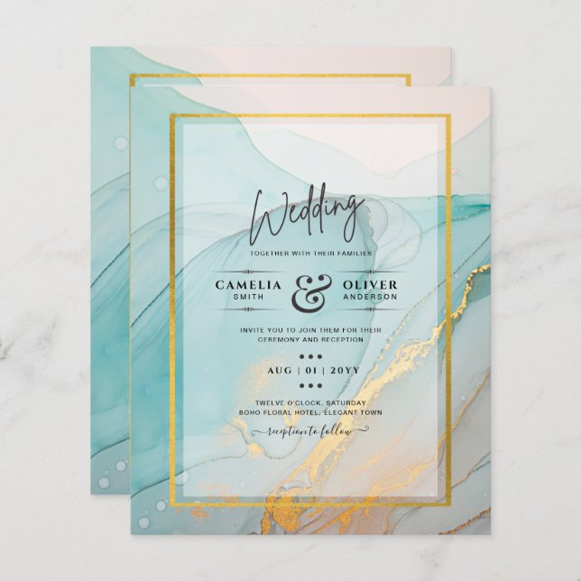 Convite de casamento Dourado de TINTA de Vidro Lea (Frente/Verso)