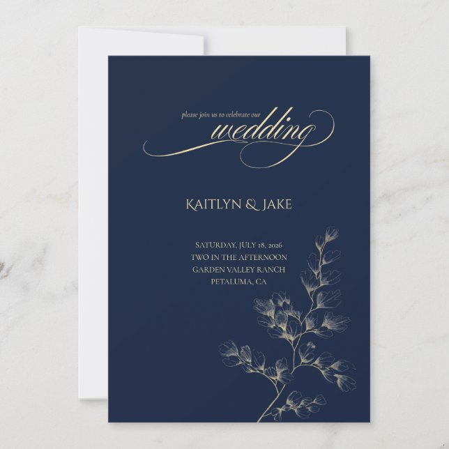 Convite de Casamento Dourado e Azul Marinho (Frente)