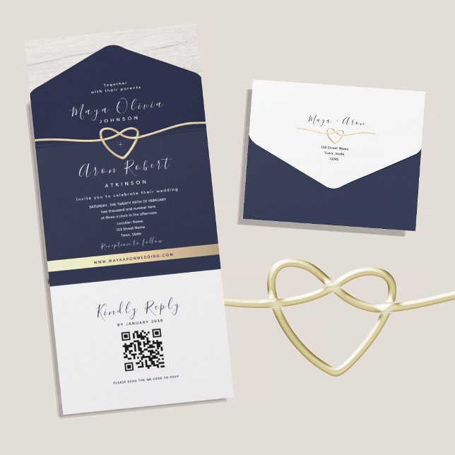 Convite de Casamento Dourado e Azul Marinho com QR (Criador carregado)