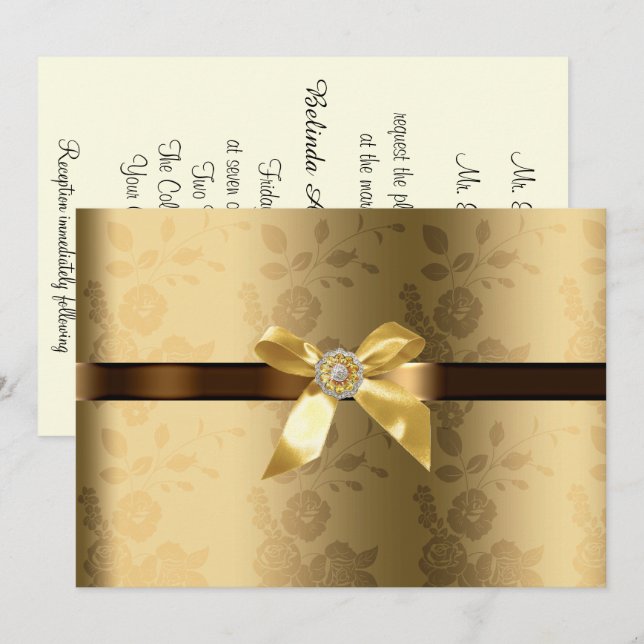 Convite de Casamento Dourado e Marrom Chocolate (Frente/Verso)