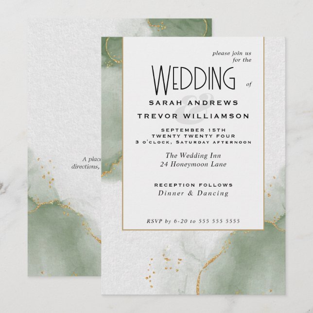 Convite de Casamento Dourado em Verde Sage Suave e (Frente/Verso)