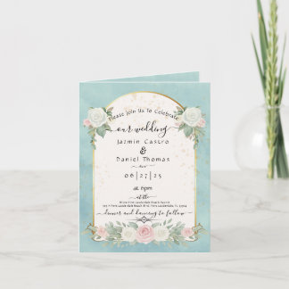 Convite de Casamento Dourado Floral Água Menta Dob