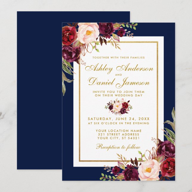 Convite de casamento Dourado Floral Azul Burgundy (Frente/Verso)